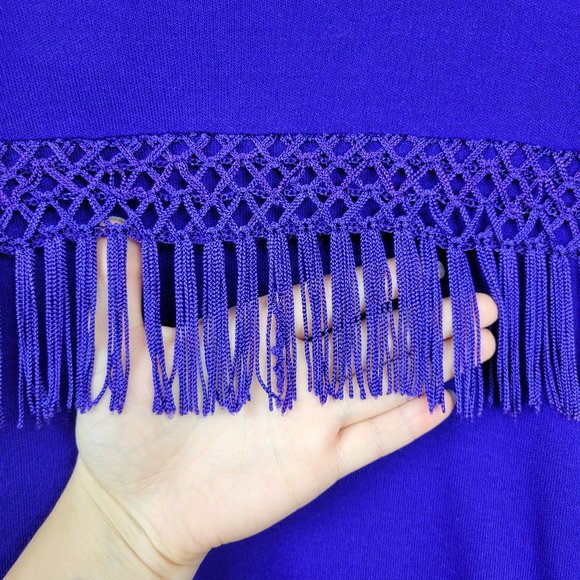 Vintage 80s/90s Indigo Purple Fringe Trim Bodycon Knit Mini Dress - Picture 5 of 7